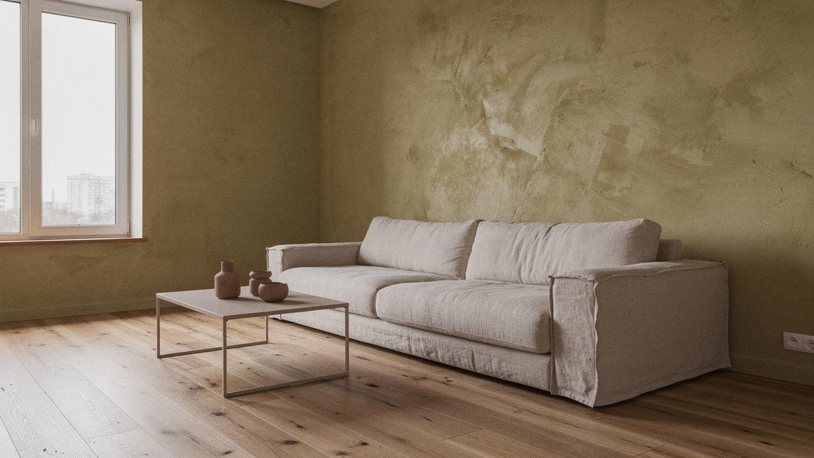 Renovated living room in a Kyiv apartment with lime plaster walls, oak flooring and warm daylight