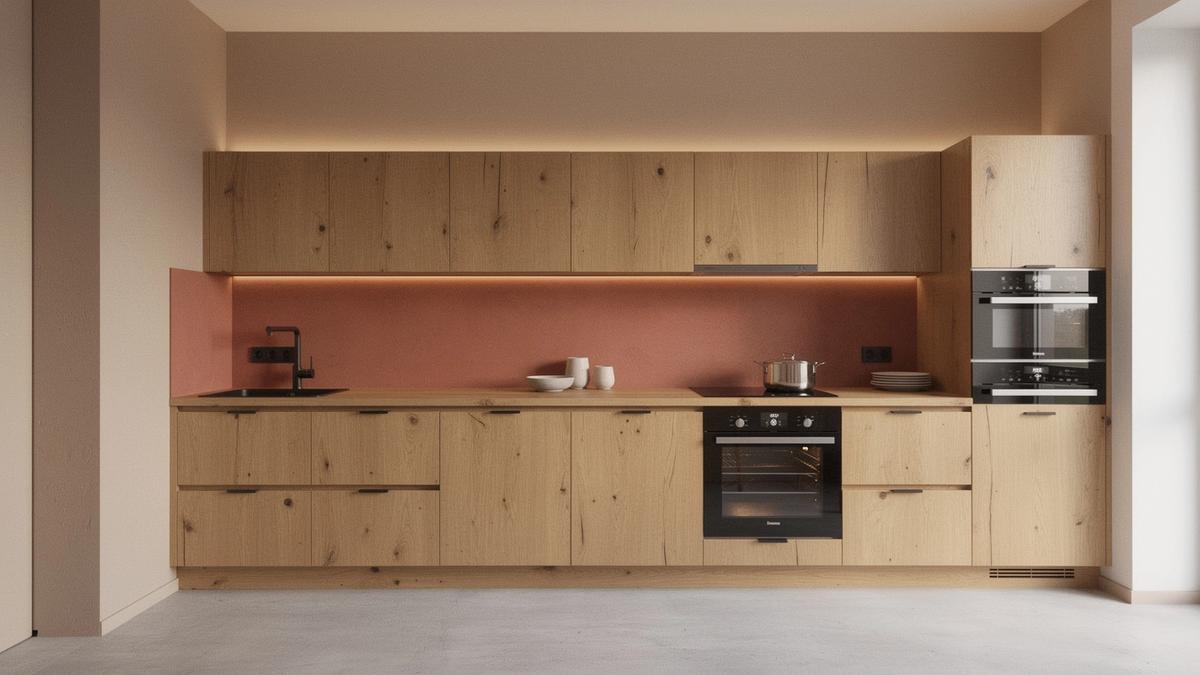 The same kitchen after renovation with an open plan, oak surfaces and concealed lighting